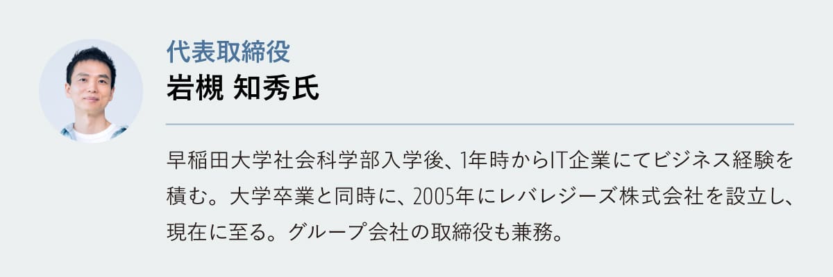 岩槻 知秀氏

代表取締役
早稲田大学社会科学部入学後、1年時からIT企業にてビジネス経験を積む。大学卒業と同時に、2005年にレバレジーズ株式会社を設立し、現在に至る。グループ会社の取締役も兼務。
